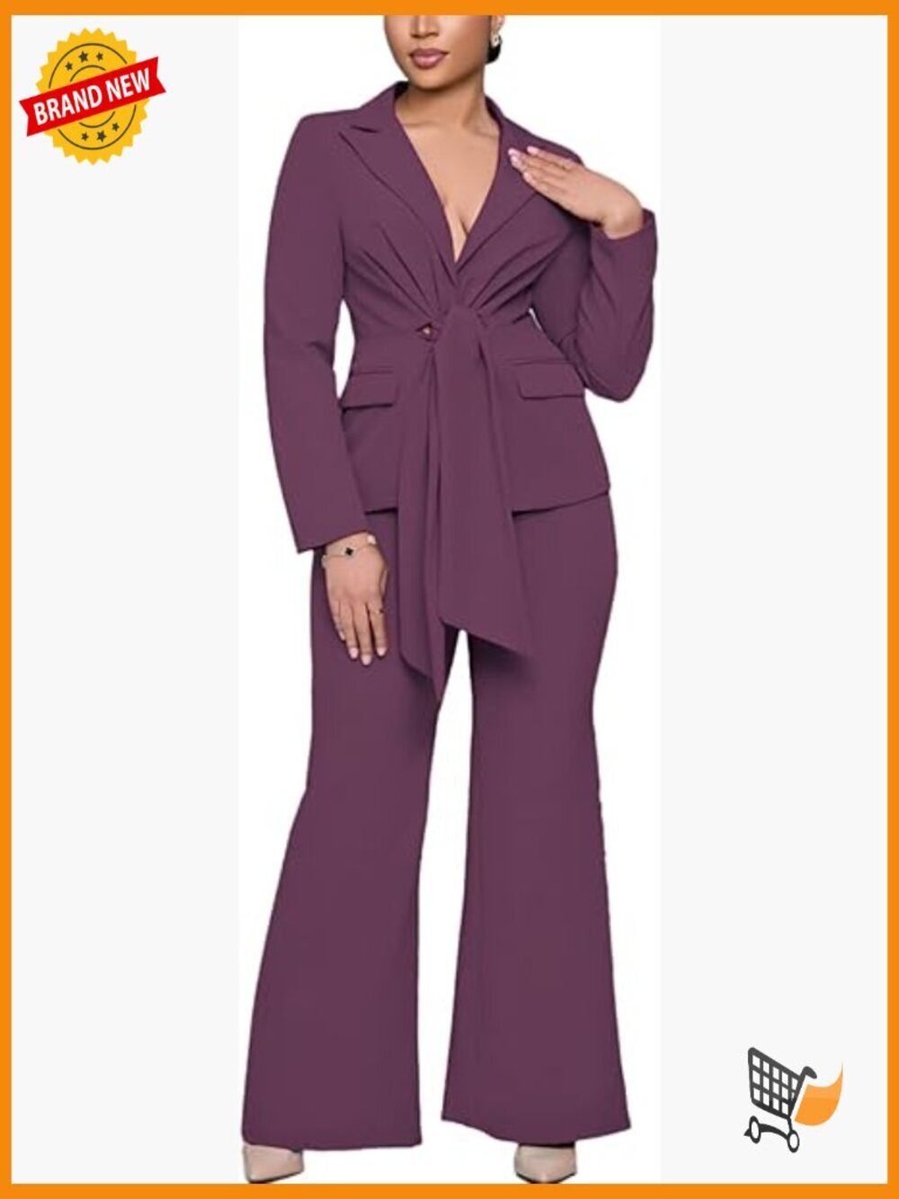 Women's 2-Piece Tie Waist Blazer & Flare Pants Business Suit Set